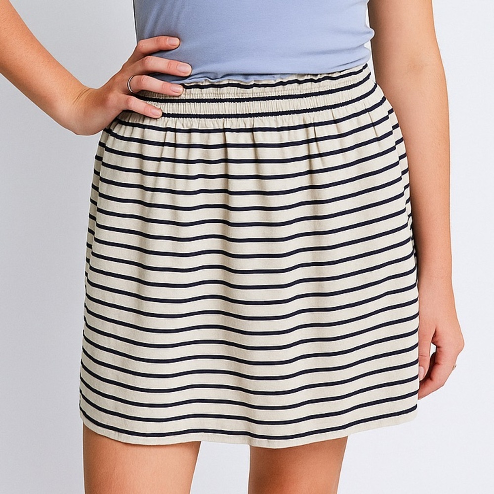 J.Crew Linen Blend Striped Mini Skirt Blue & White Elastic Paperbag Waist